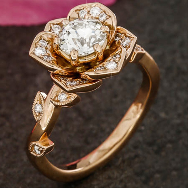 Rose Flower 18K Gold Ring Ladies Zircon ...